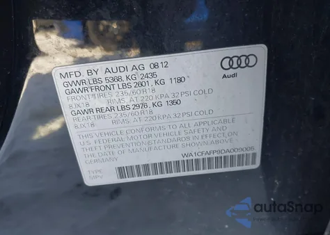 2013 Audi Q5 2.0T Premium z USA, uszkodzony, nr VIN WA1CFAFP9DA009005